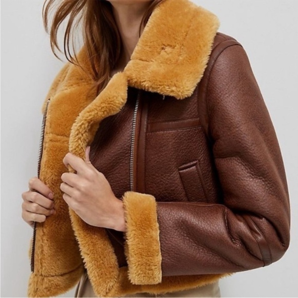 URBAN OUTFITTERS Faux Sherpa Brown Biker Bomber Jacket Size Small